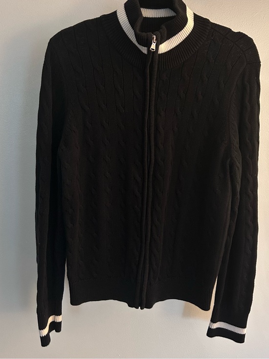 Ralph Lauren Sweaters - Ralph Lauren Black Knit Zip-Up Sweater with White Trim